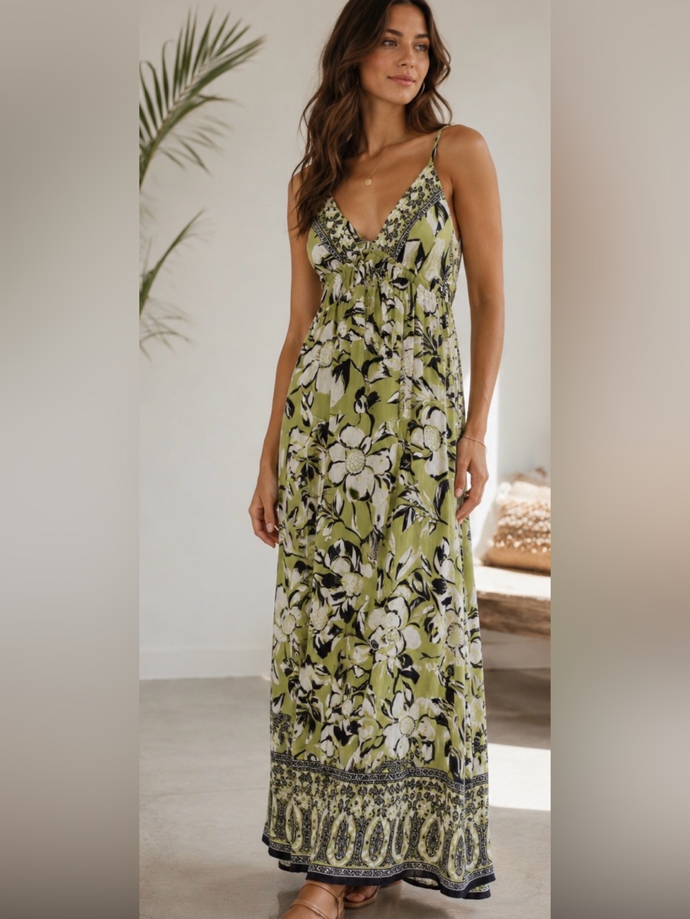 New Angie S tie open back green-black floral vacation euro summer maxi dress